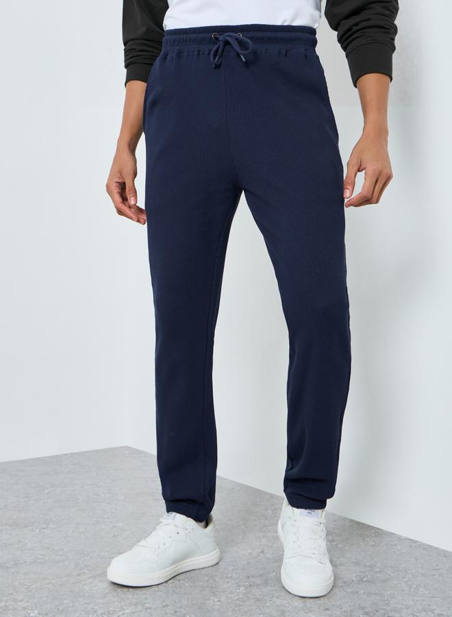 Styli Men Navy Blue Textured Waffle Knit Joggers - Image 4